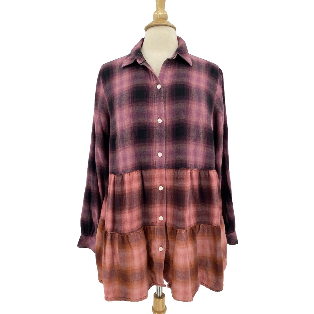 J Jill Tiered Tunic Plaid Flannel‎ Women's Medium Empire Babydoll Grunge